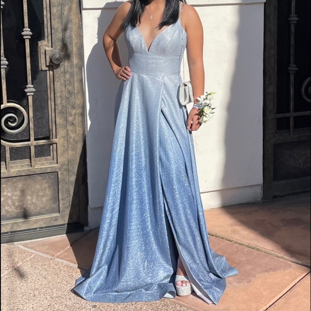 Ombre Silver Metallic Blue A-Line Prom Formal Dress